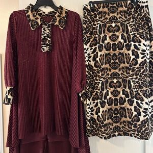 Burgundy velvet and leopard two-piece outfit